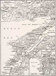 Mapa detalhado da Península de Gallipoli e a Turquia de Dardanelos, 1915, de &39;The War Illustrated Album deLuxe&39;, publicado em Londres, 1916